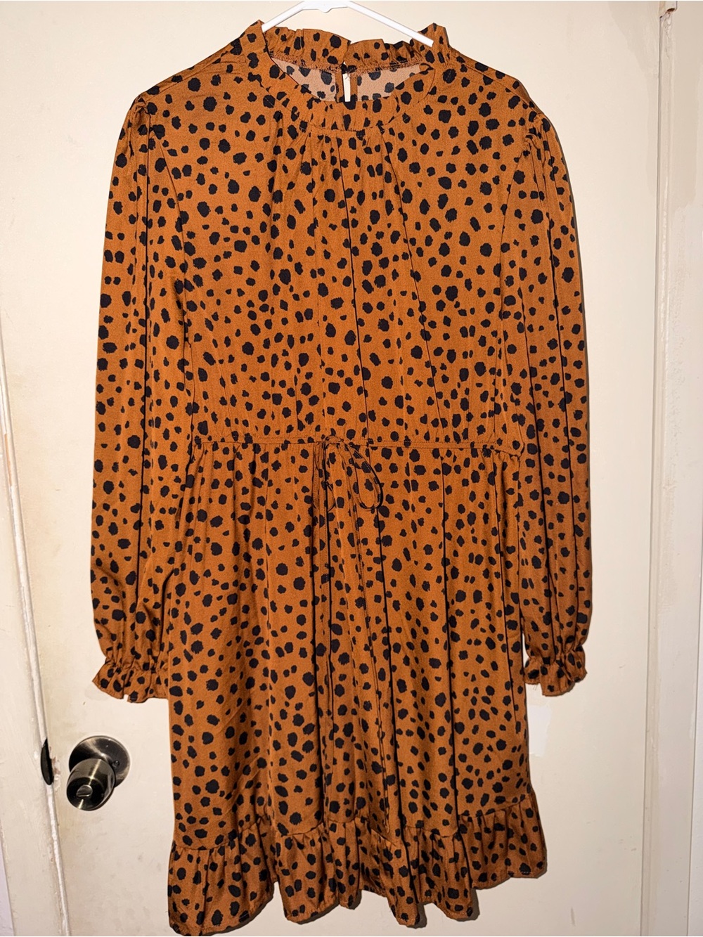 SHEIN Rust Orange Black Polka Dot Long Sleeve Ruffle Hem Dress